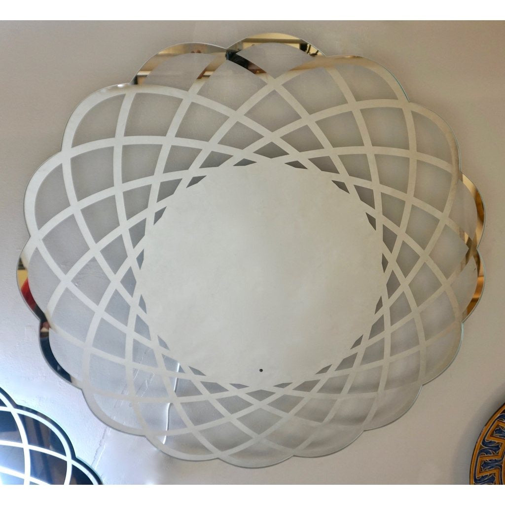 Contemporary Italian Minimalist Lace Decor Scalloped Round Mirror with Light