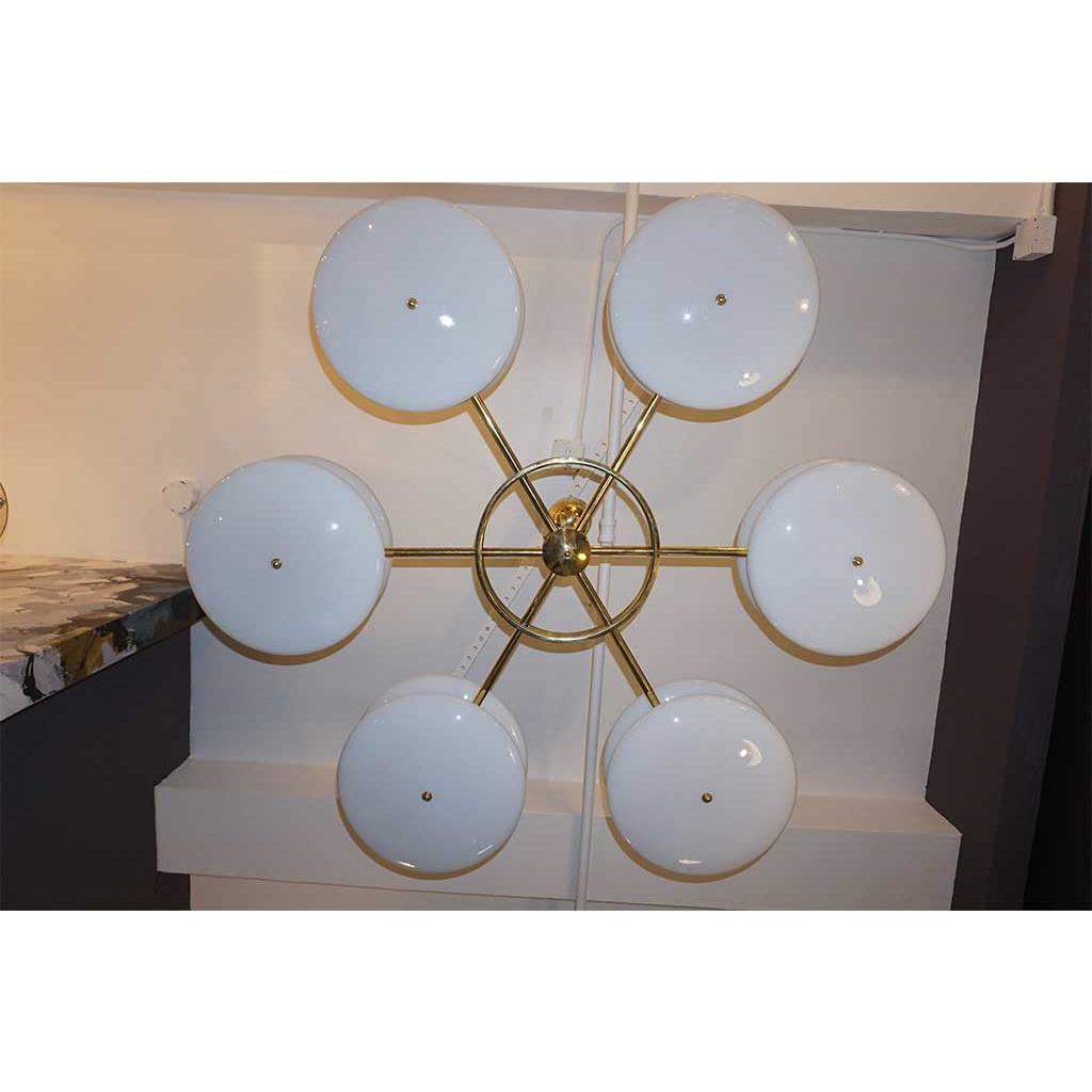 Contemporary Italian Minimalist Brass and White Murano Glass Globe Chandelier