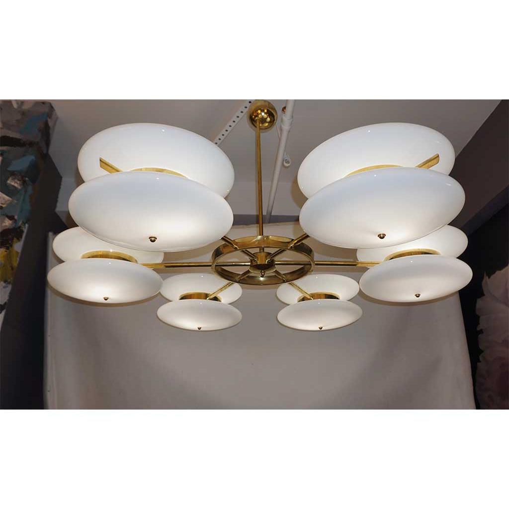 Contemporary Italian Minimalist Brass and White Murano Glass Globe Chandelier
