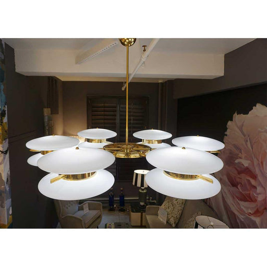 Contemporary Italian Minimalist Brass and White Murano Glass Globe Chandelier