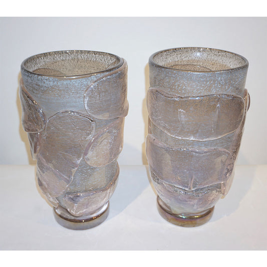 1990s Costantini Italian Pair of Silver Gray Pink Murano Alexandrite Glass Vases
