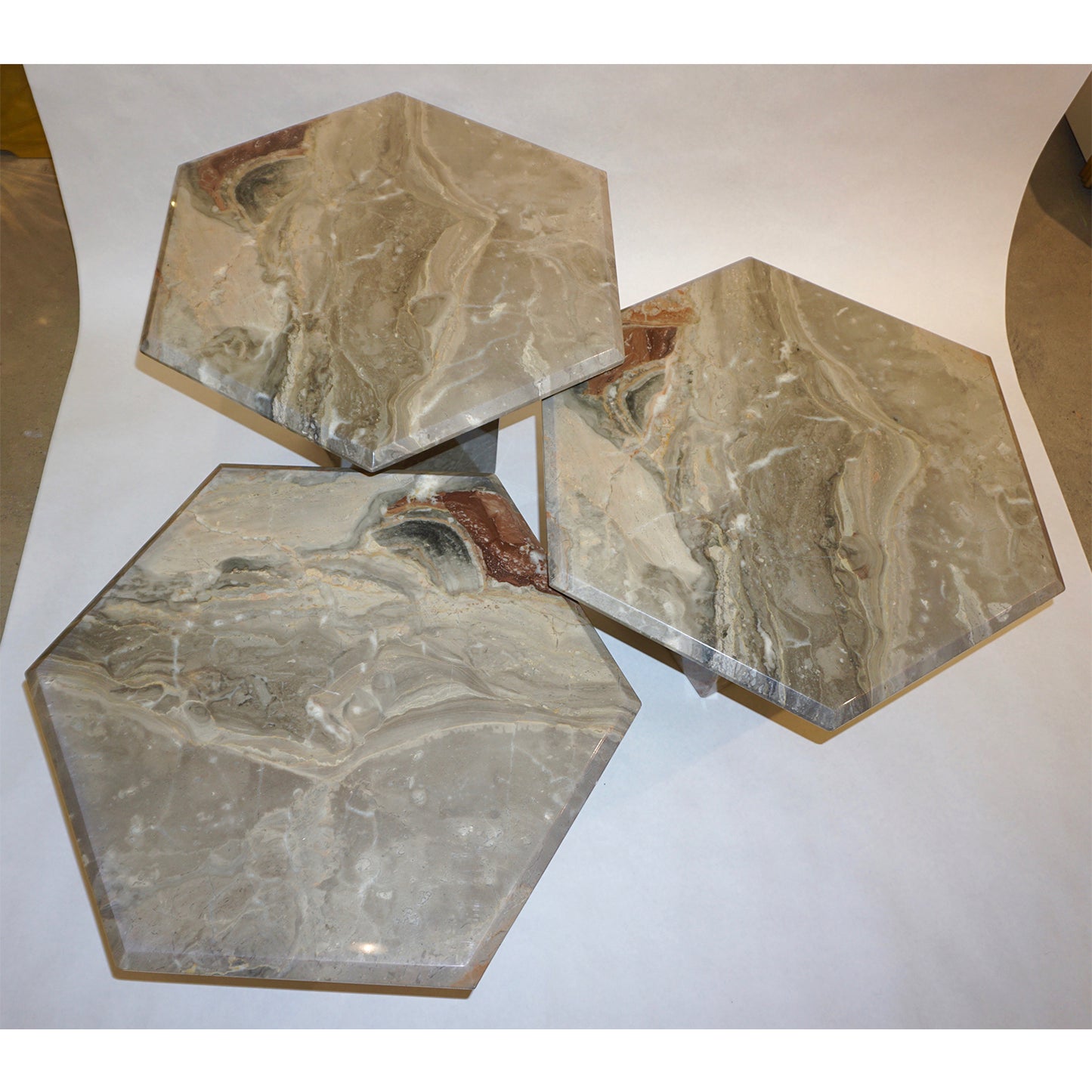 1970s Vintage Italian 3 Geometric White Gray and Red Vein Marble Nesting Tables