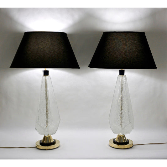 Contemporary Italian Pair of Diamond Cut Black and Crystal Murano Glass Lamps