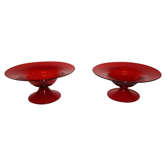 Salviati 1940s Italian Pair of Antique Ruby Red Blown Murano Glass Compote Bowls