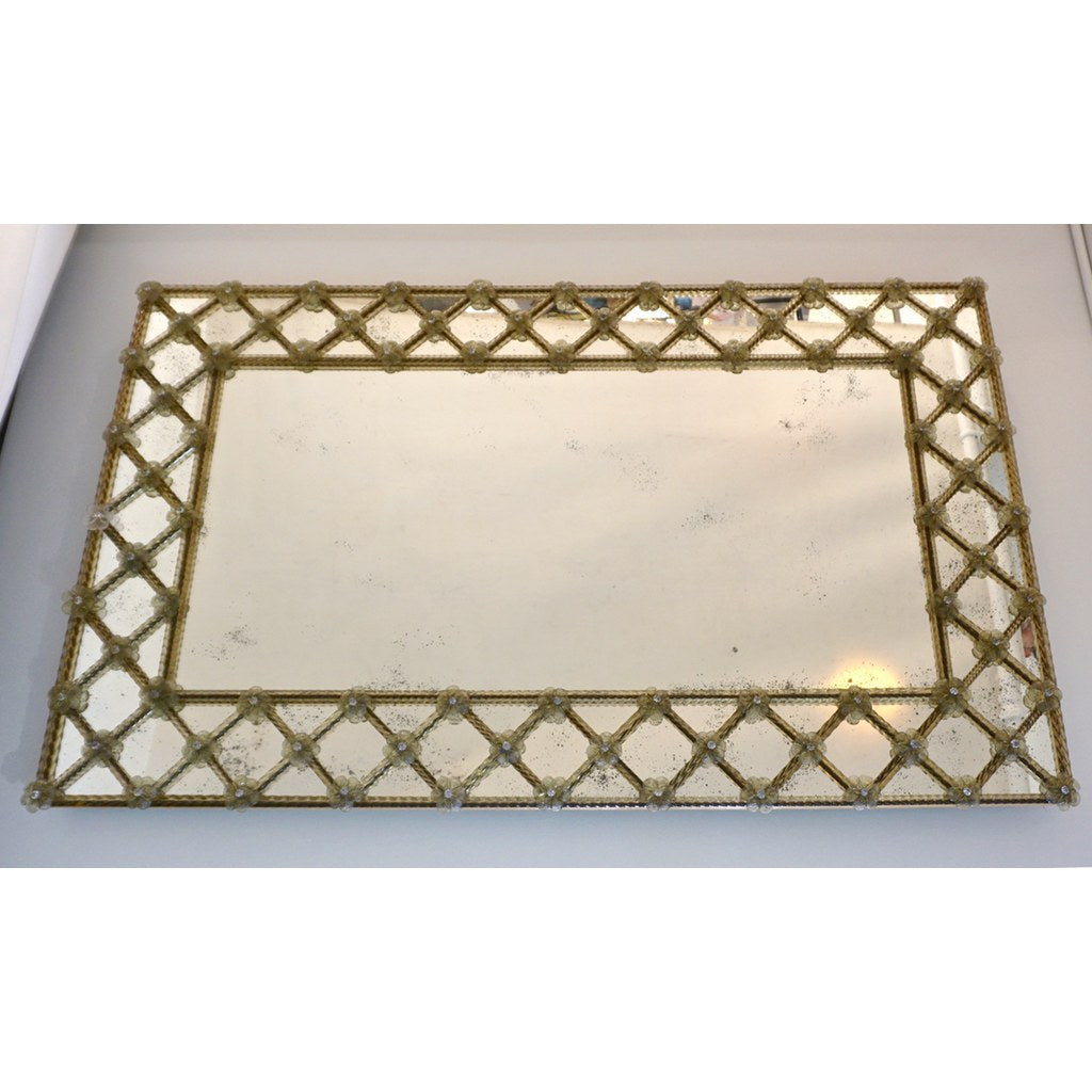 Contemporary Italian Venetian Geometric Amber Gold Murano Glass Lattice Mirror