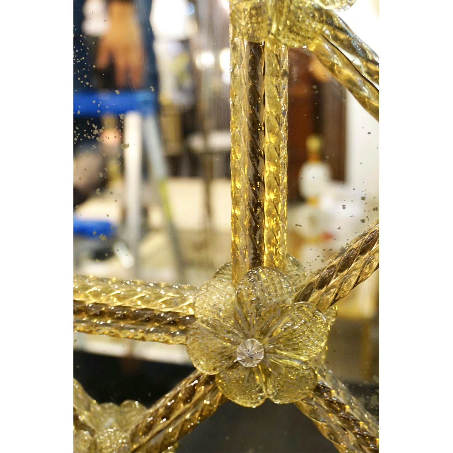 Contemporary Italian Venetian Geometric Amber Gold Murano Glass Lattice Mirror