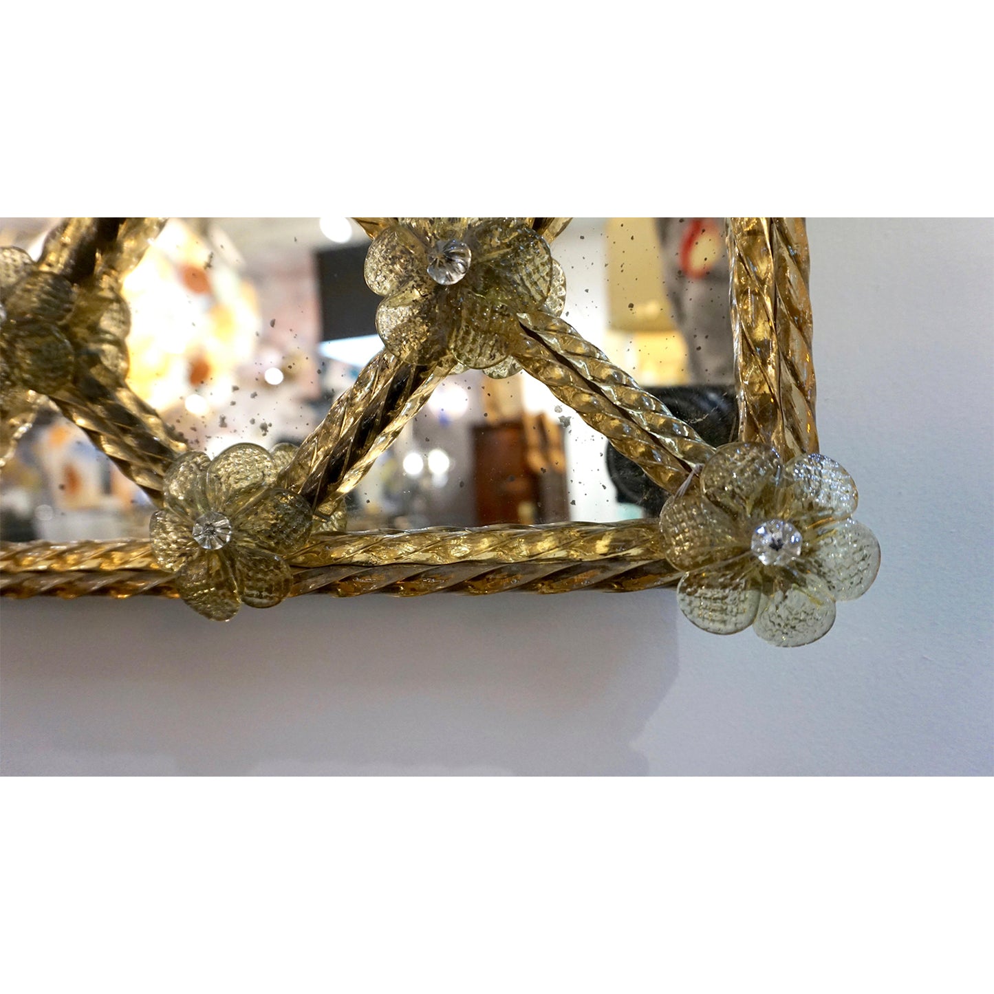 Contemporary Italian Venetian Geometric Amber Gold Murano Glass Lattice Mirror