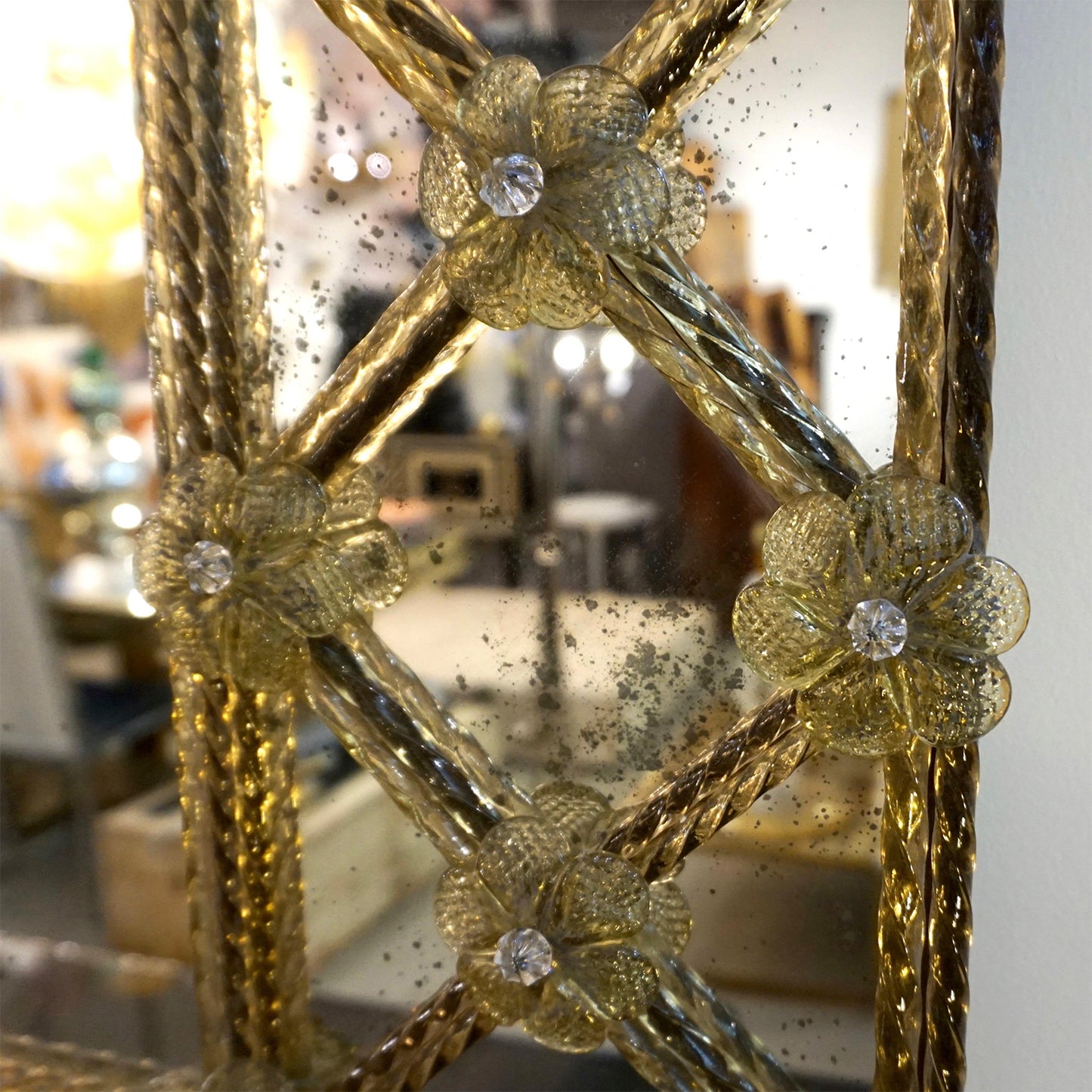 Contemporary Italian Venetian Geometric Amber Gold Murano Glass Lattice Mirror