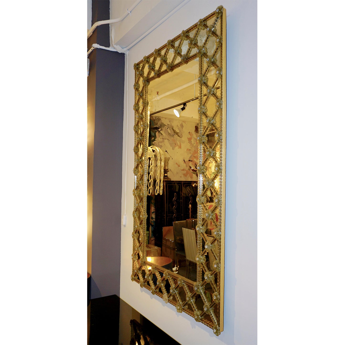 Contemporary Italian Venetian Geometric Amber Gold Murano Glass Lattice Mirror
