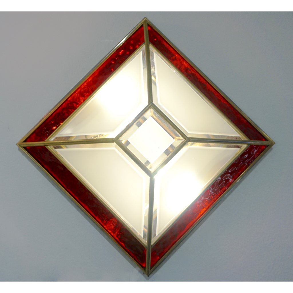 Italian 1950s Art Deco Style Pair of Red White Frosted Glass Sconces/Flushmounts