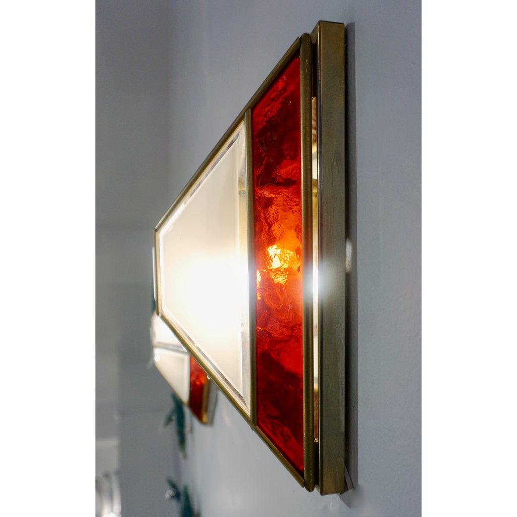 Italian 1950s Art Deco Style Pair of Red White Frosted Glass Sconces/Flushmounts