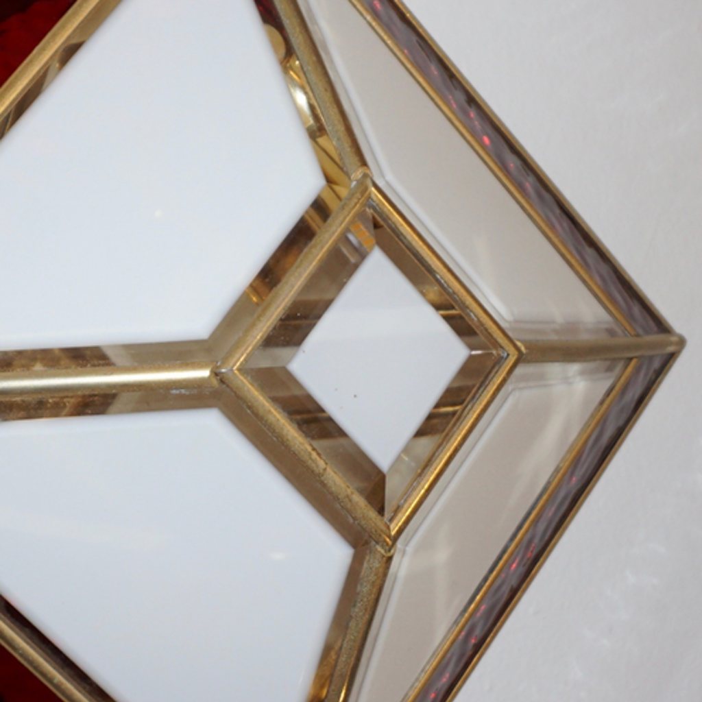 Italian 1950s Art Deco Style Pair of Red White Frosted Glass Sconces/Flushmounts