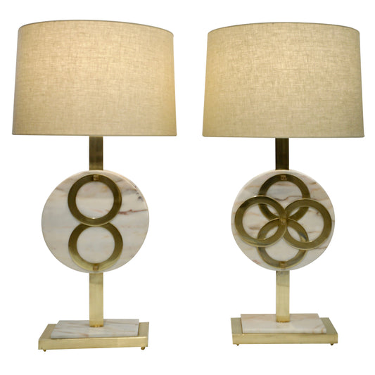 1970s Vintage Italian Pair of Modern Design Brass and Pink Carrara Marble Table Lamps