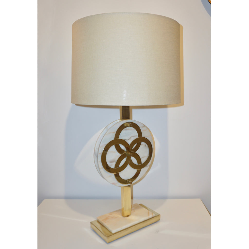 1970s Vintage Italian Pair of Modern Design Brass and Pink Carrara Marble Table Lamps