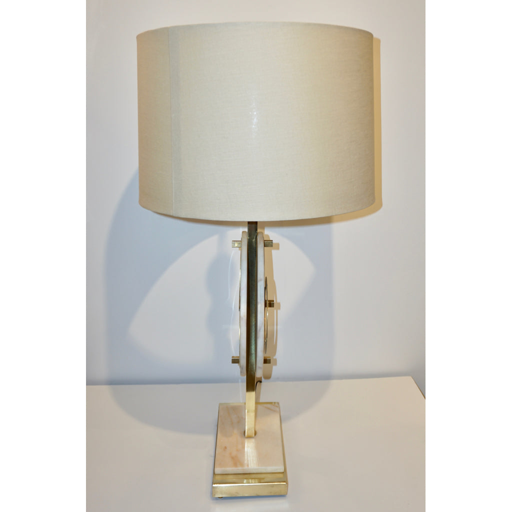 1970s Vintage Italian Pair of Modern Design Brass and Pink Carrara Marble Table Lamps