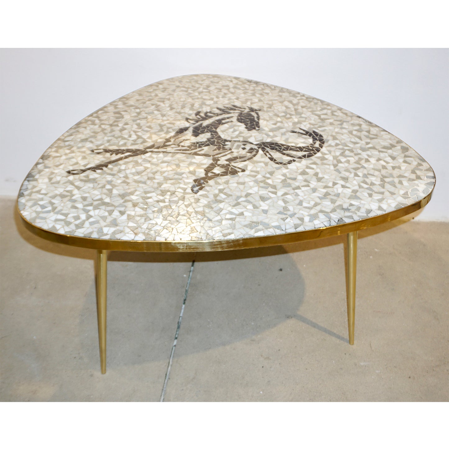 1953 Italian Vintage Black White Gray Horse Mosaic Brass Dining / Coffee Table