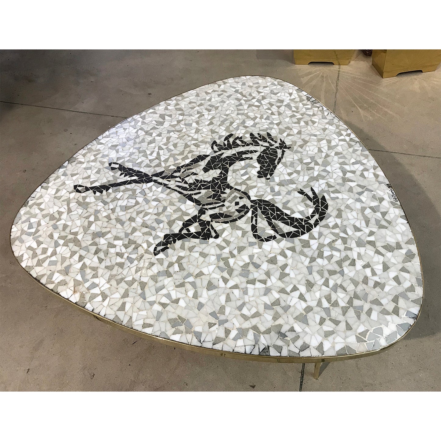 1953 Italian Vintage Black White Gray Horse Mosaic Brass Dining / Coffee Table