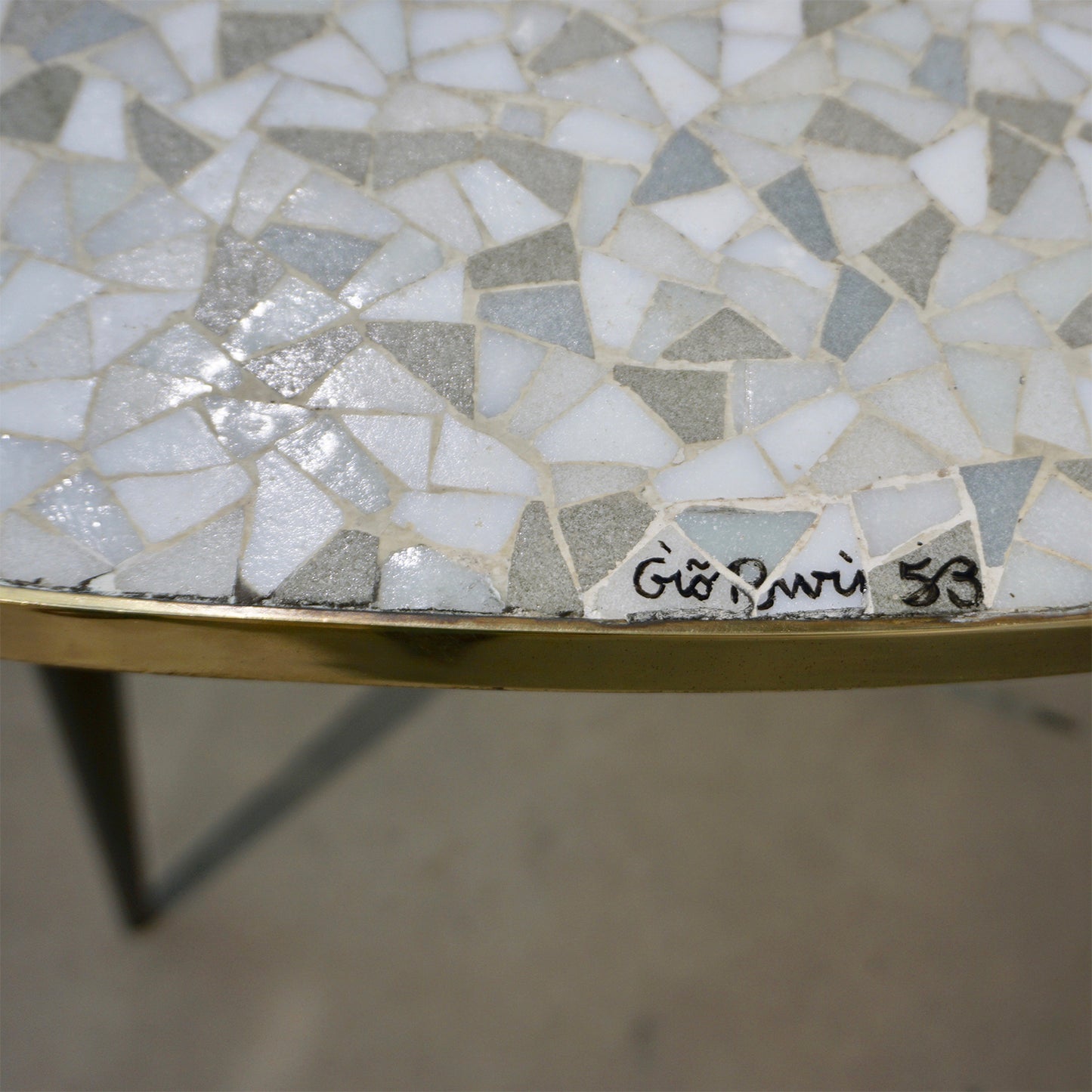 1953 Italian Vintage Black White Gray Horse Mosaic Brass Dining / Coffee Table