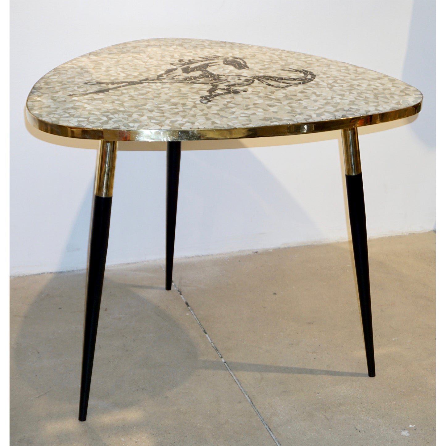 1953 Italian Vintage Black White Gray Horse Mosaic Brass Dining / Coffee Table