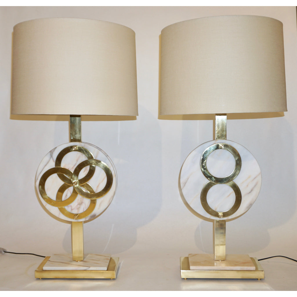 1970s Vintage Italian Pair of Modern Design Brass and Pink Carrara Marble Table Lamps