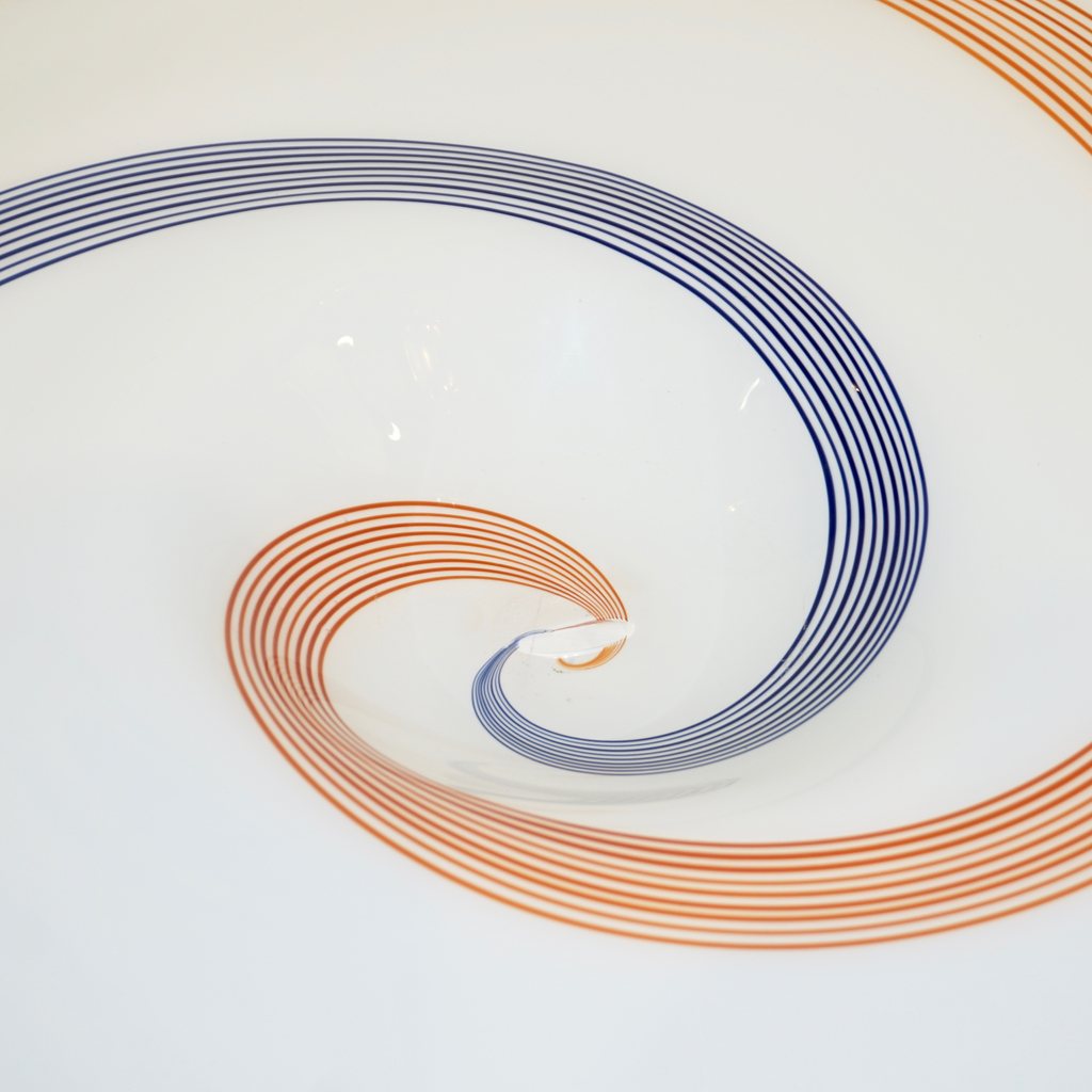 1960s Italian White Murano Glass Extra Large Platter with Orange & Blue Murrine