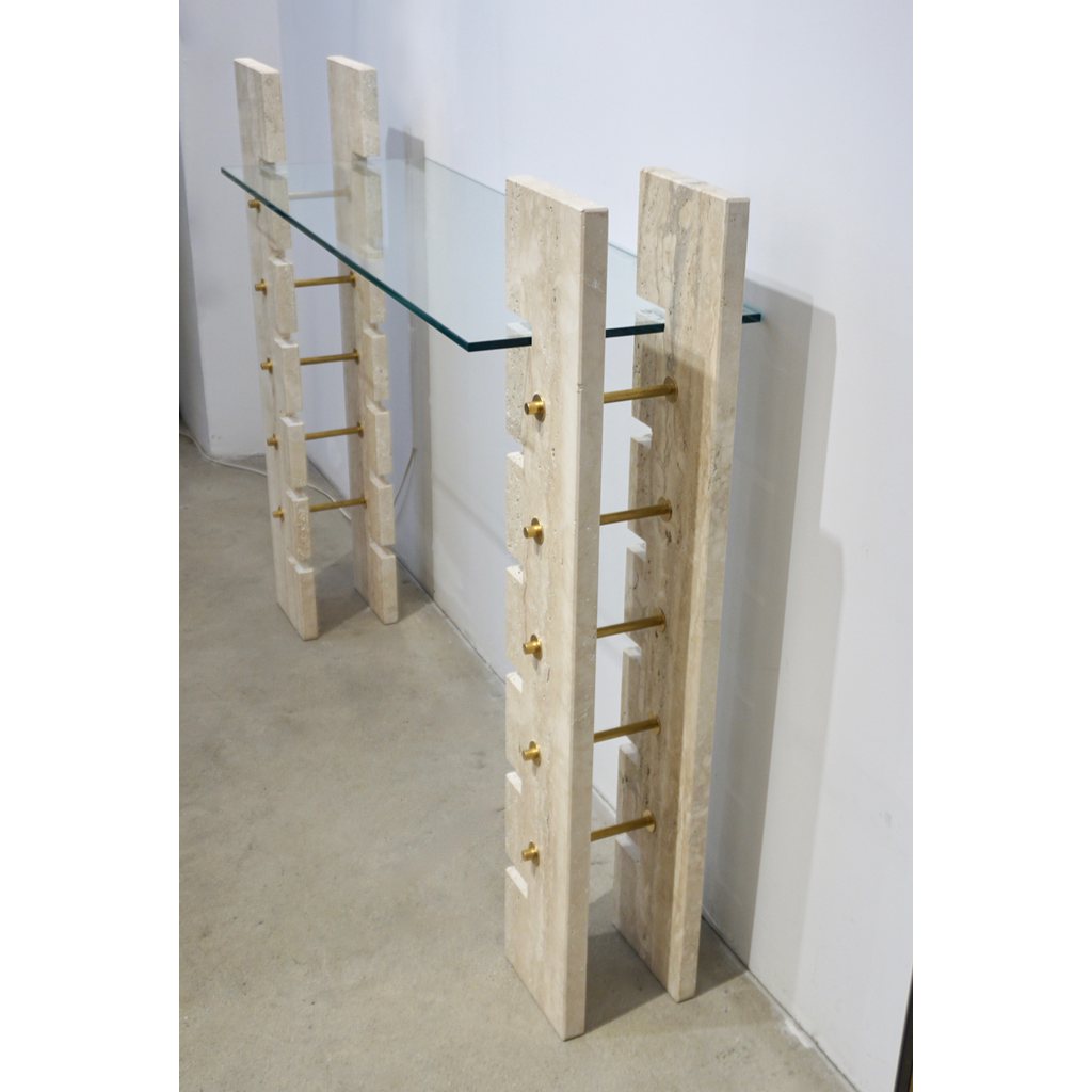 Contemporary Italian Minimalist Organic Shelf White Travertine Marble Console