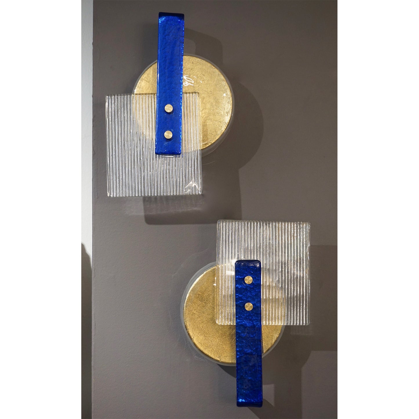 Italian Pair of Abstract Modern Gold Sapphire Blue Crystal Murano Glass Sconces