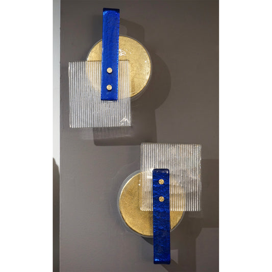 Italian Pair of Abstract Modern Gold Sapphire Blue Crystal Murano Glass Sconces