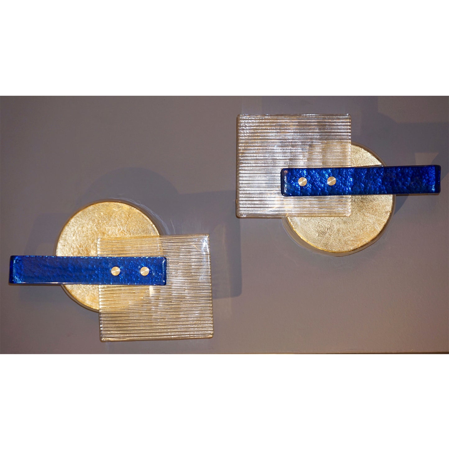 Italian Pair of Abstract Modern Gold Sapphire Blue Crystal Murano Glass Sconces