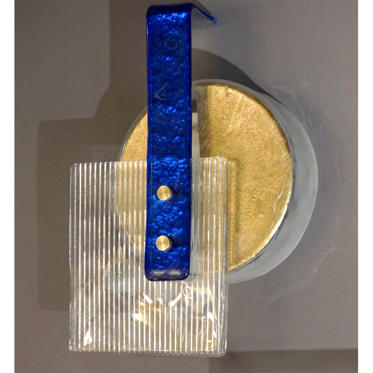 Italian Pair of Abstract Modern Gold Sapphire Blue Crystal Murano Glass Sconces