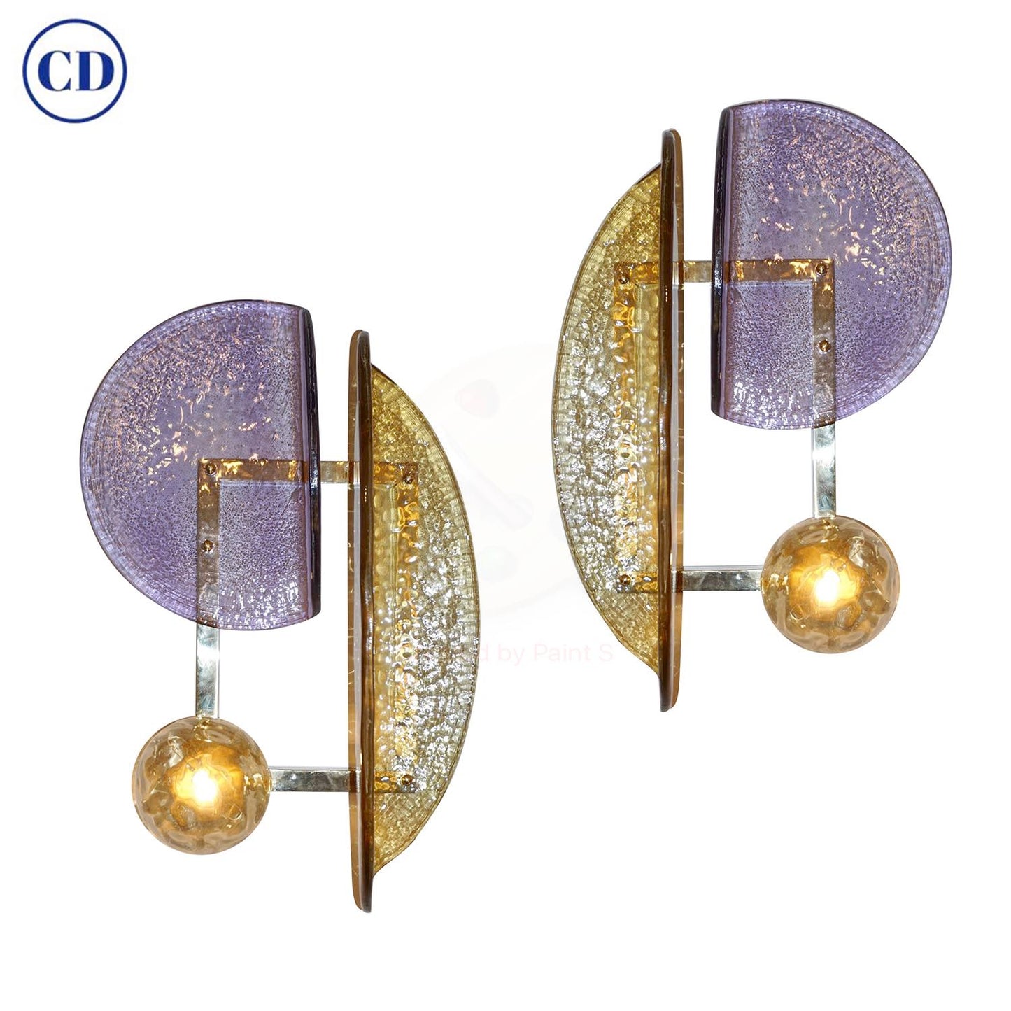 Contemporary Italian Pair of Amber and Amethyst Murano Glass Gold Brass Sconces