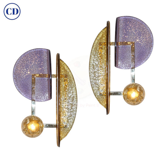 Contemporary Italian Pair of Amber and Amethyst Murano Glass Gold Brass Sconces