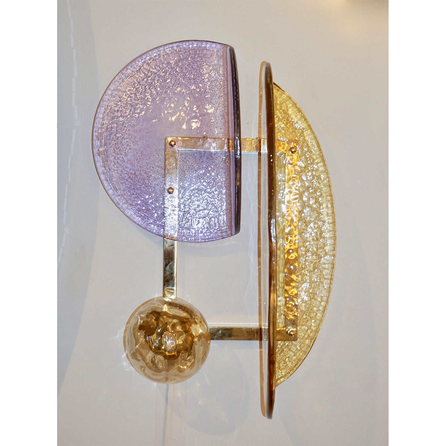 Contemporary Italian Pair of Amber and Amethyst Murano Glass Gold Brass Sconces