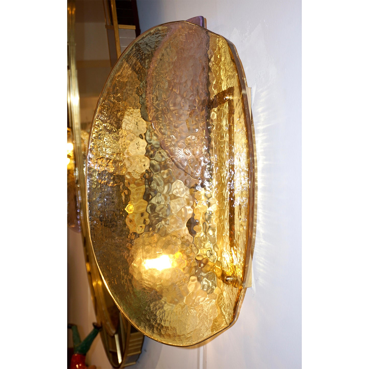 Contemporary Italian Pair of Amber and Amethyst Murano Glass Gold Brass Sconces
