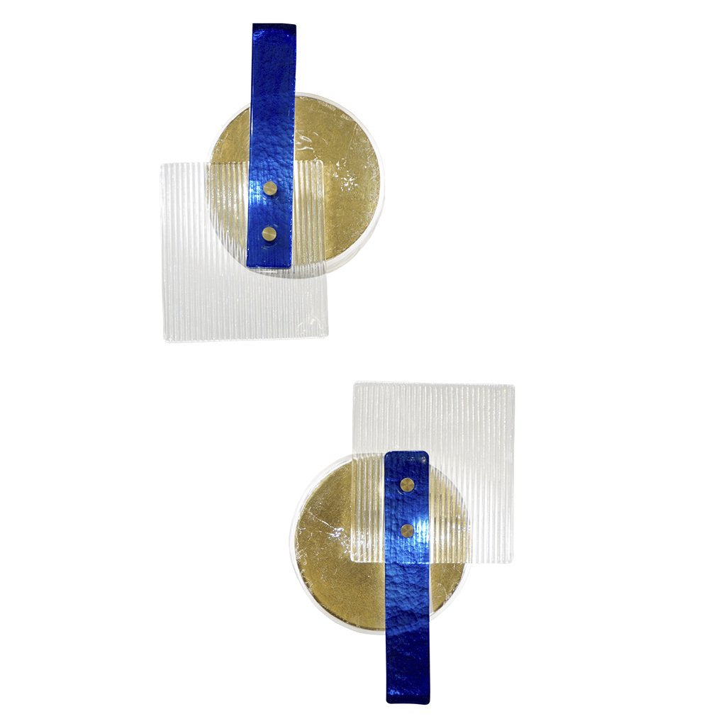 Italian Pair of Abstract Modern Gold Silver and Crystal Murano Glass Sconces