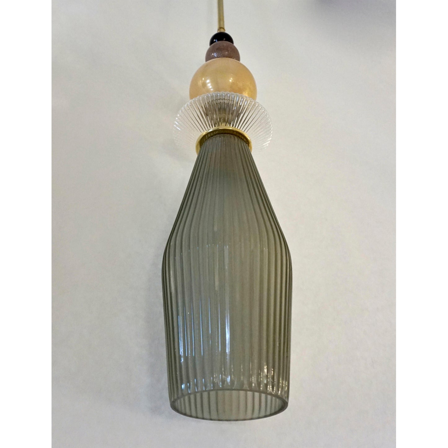 Custom Italian Crystal Gold and Gray Green Murano Glass Brass Pendant Light