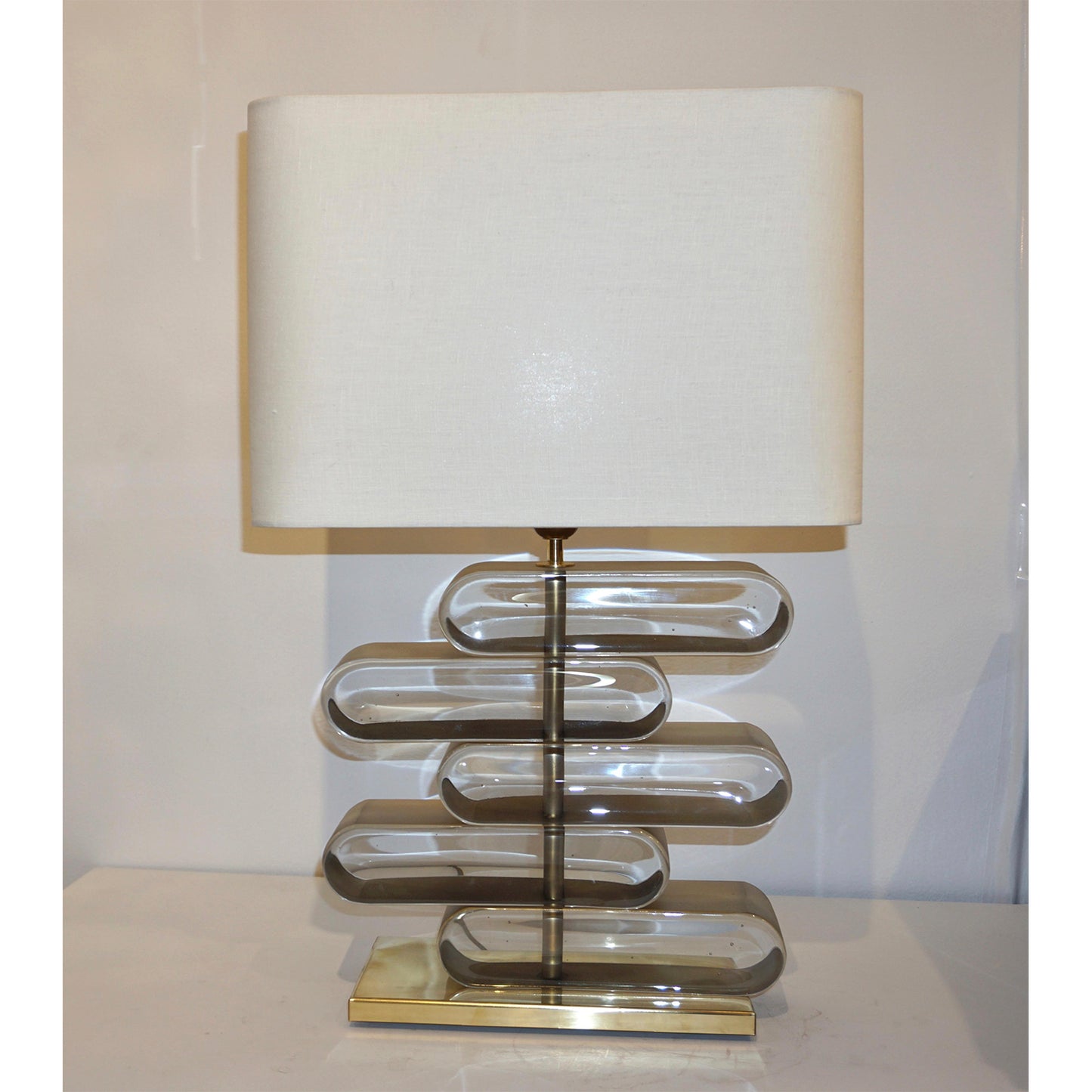 Italian Modern Pair of Brass and Bronze Murano Glass Architectural Table Lamps
