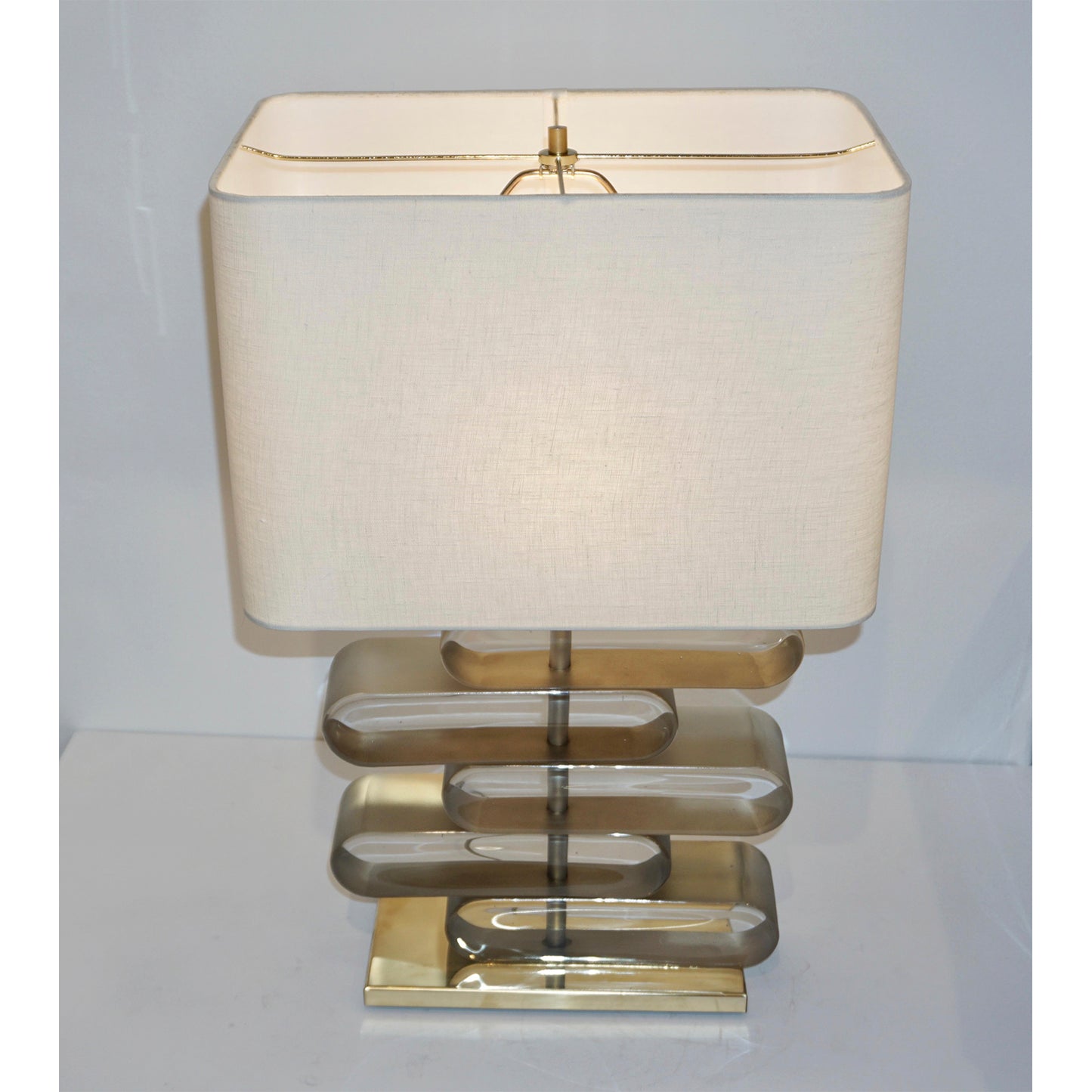 Italian Modern Pair of Brass and Bronze Murano Glass Architectural Table Lamps