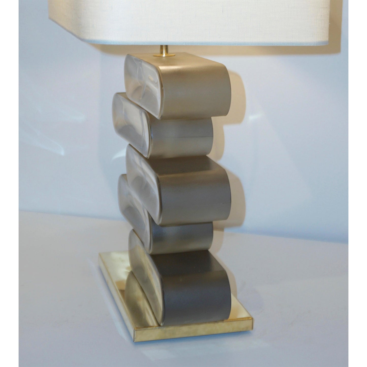 Italian Modern Pair of Brass and Bronze Murano Glass Architectural Table Lamps