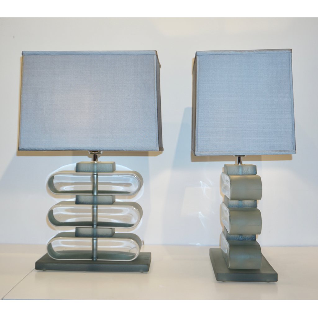 Italian Modern Pair of Nickel and Smoked Aqua Murano Glass Architectural Table Lamps