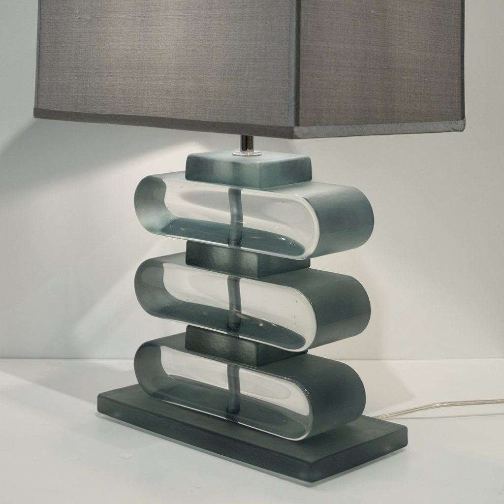 Italian Modern Pair of Nickel and Smoked Aqua Murano Glass Architectural Table Lamps