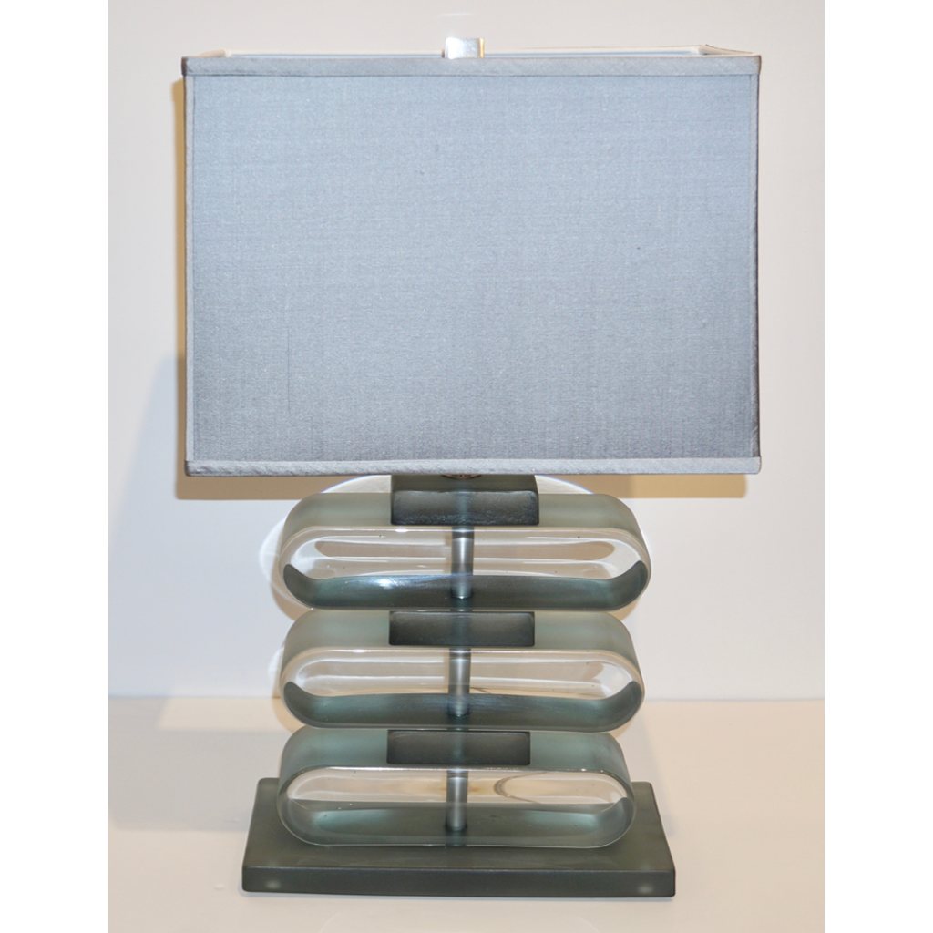 Italian Modern Pair of Nickel and Smoked Aqua Murano Glass Architectural Table Lamps