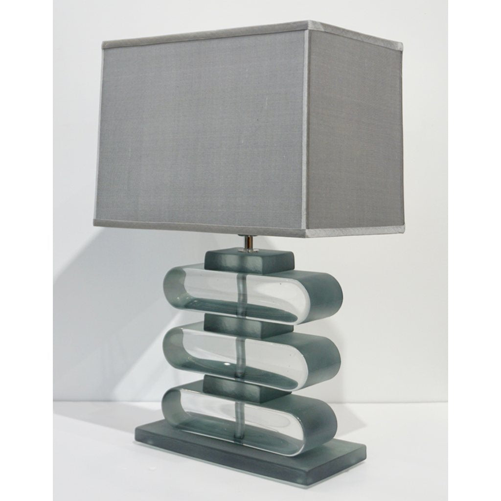 Italian Modern Pair of Nickel and Smoked Aqua Murano Glass Architectural Table Lamps