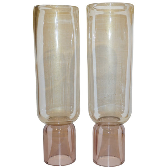 Formia 1990s Italian Pair of Soft Pink & Gold Crystal Murano Glass Round Vases