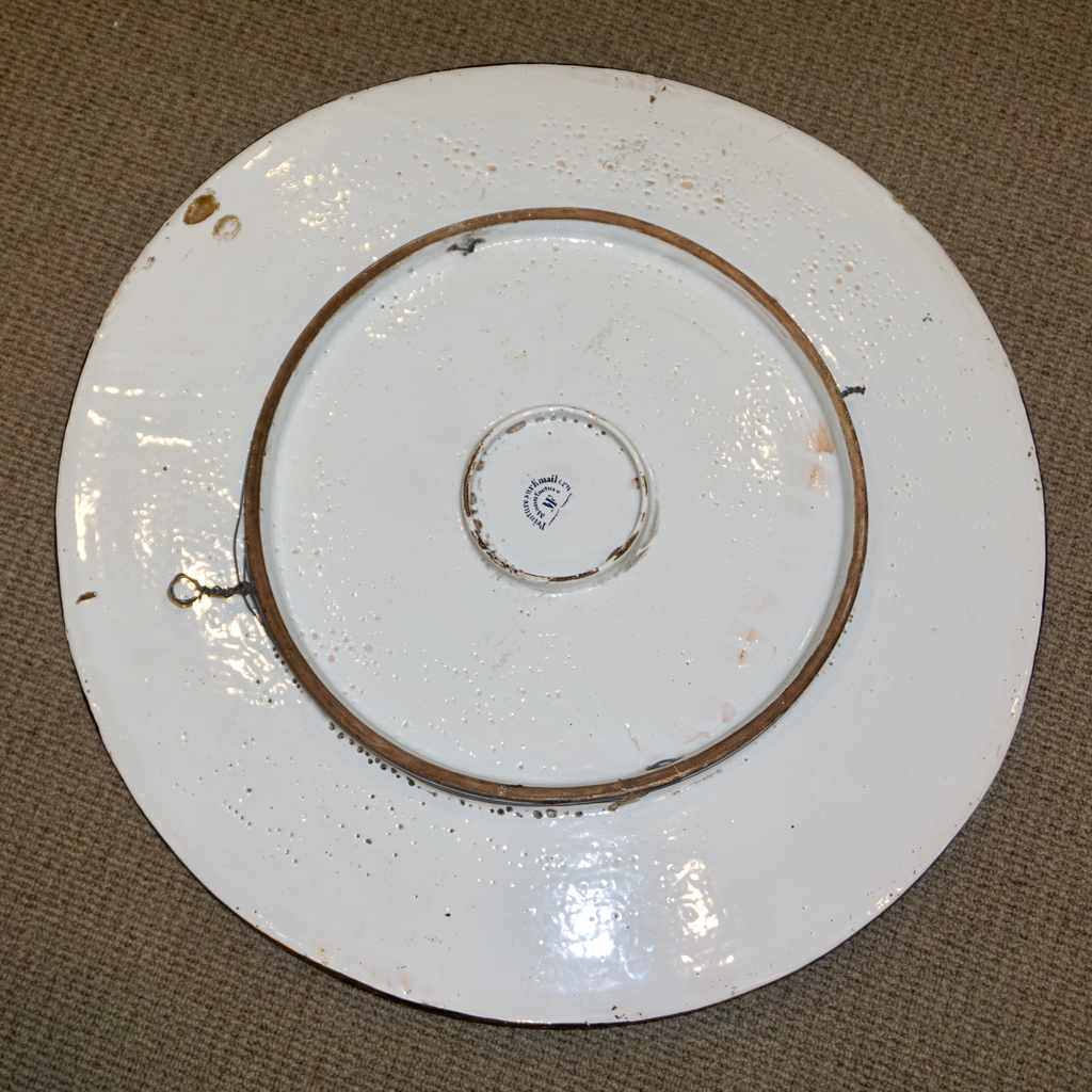 1870s French Rococo Revival Yellow Blue White Enamel Pottery Wall Art Plaque