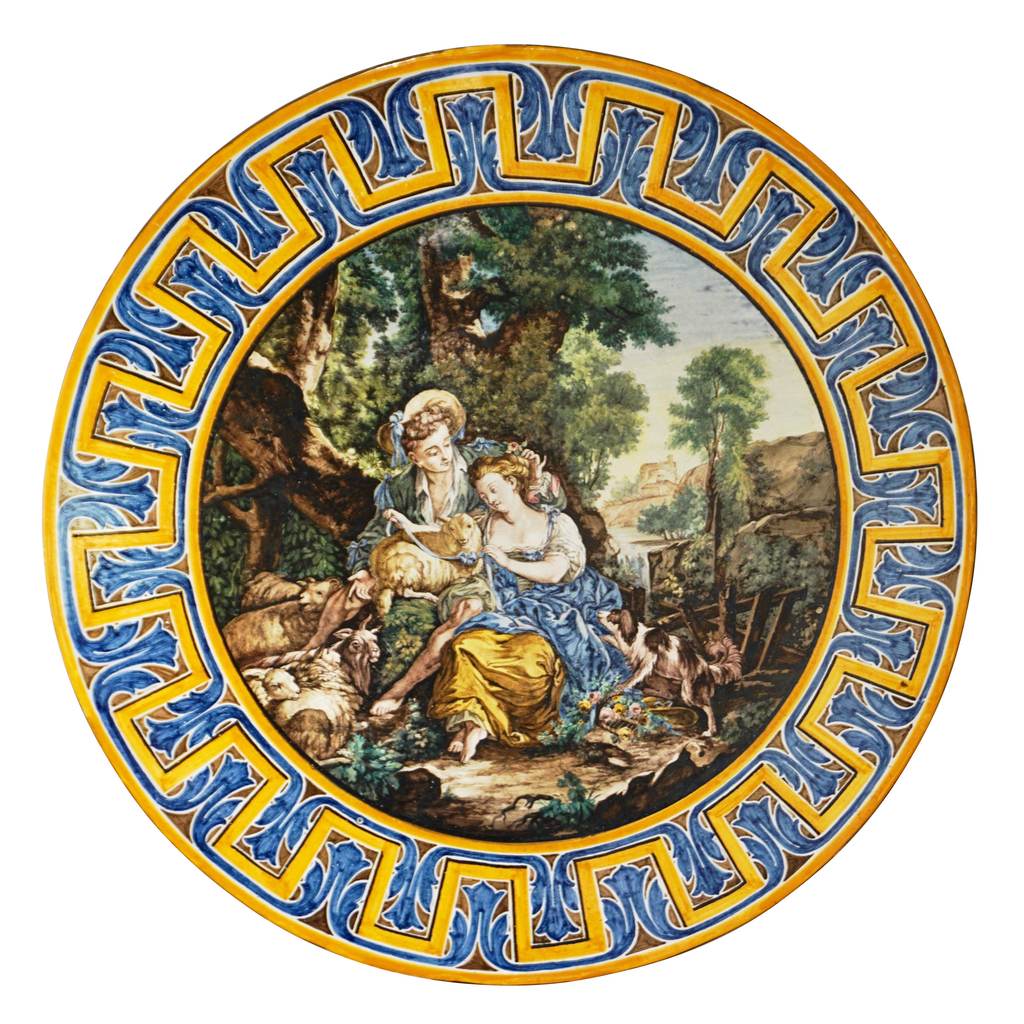 1870s French Rococo Revival Yellow Blue White Enamel Pottery Wall Art Plaque