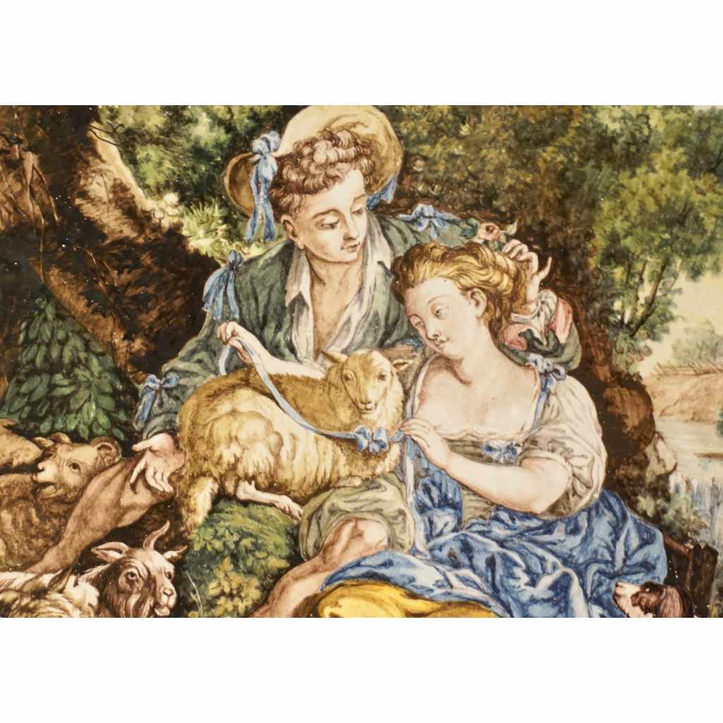 1870s French Rococo Revival Yellow Blue White Enamel Pottery Wall Art Plaque