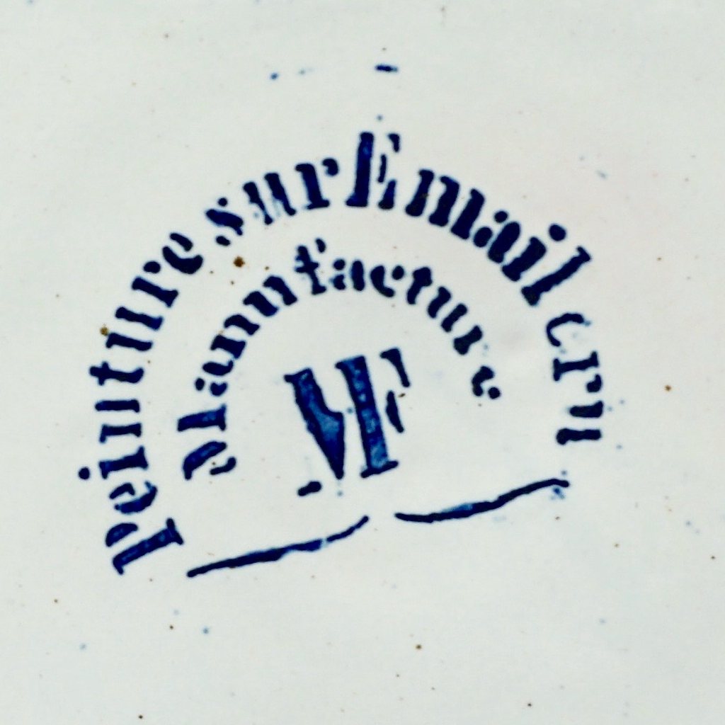 1870s French Rococo Revival Yellow Blue White Enamel Pottery Wall Art Plaque