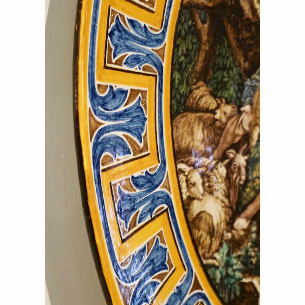 1870s French Rococo Revival Yellow Blue White Enamel Pottery Wall Art Plaque