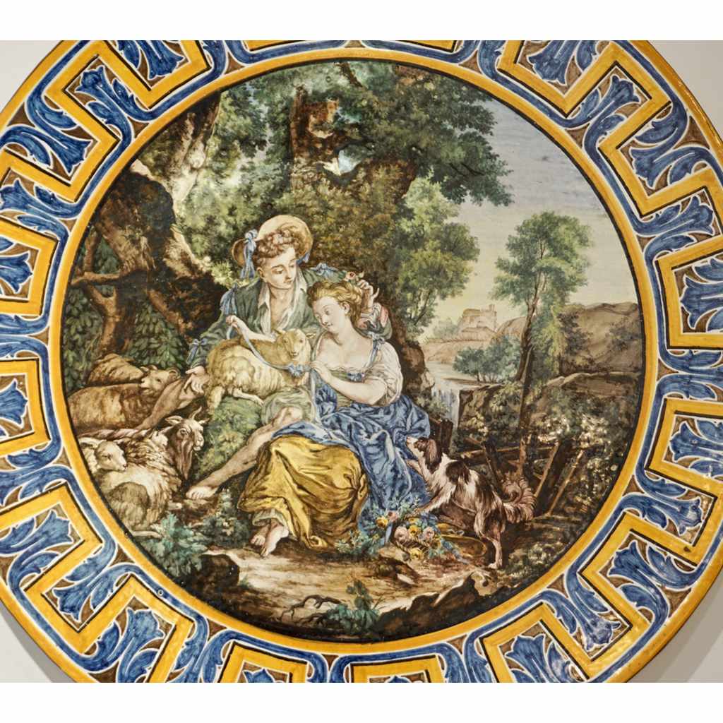 1870s French Rococo Revival Yellow Blue White Enamel Pottery Wall Art Plaque